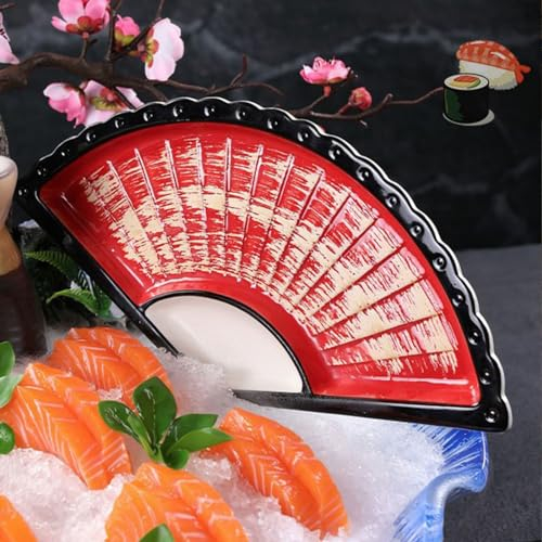 DDMDBYHRY Grand plateau de service en porcelaine en forme d'éventail - Style japonais - En céramique - Matériaux de qualité alimentaire - Passe au micro-ondes/four/congélateur/lave-vaisselle - Rouge