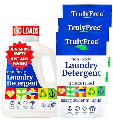 Truly Free Détergent à lessive pour peaux sensibles, doux et sans danger pour les vêtements de bébé | Ingrédients naturels à base de plantes | Non parfumé | Comprend 1 flacon rechargeable (150
