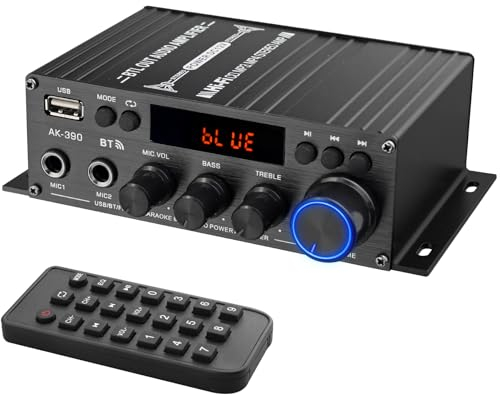 LiNKFOR Bluetooth Stereo Power Amplifier 40W+40W with LCD Display, Hi-Fi Audio Amplifier with Bass & Treble Control, AUX/USB/RCA/MIC Input for Karaoke Home Garage, with Remote & 12V Power Supply
