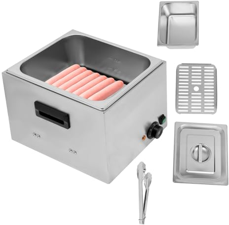 Hot Dog Maker, 1300W Edelstahl Würstchenwärmer elektrisch mit Lebensmittelklammer, Dämpfgitter, Deckel, Temperaturregler 50-300℃, Bockwurstwärmer Gastro, 10L