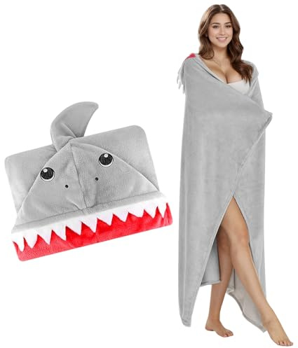 Tragbare Decken mit Kapuze und Handschuhen 150x130 cm Hoodie Hai-Decke Weihnachts Sofadecke Flauschig Cartoon Kuscheldecke für Damen Herren Erwachsene, Geschenke für Frauen zum Weihnachten Geburtstag