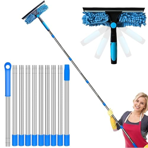Window Cleaning Equipment, Window Squeegee Telescopic Window Cleaner with 10-Section Extension Pole, 2-In-1 Rotatable Window Squeegee Telescopic Pole Window Cleaning Kit for Home Car Glass