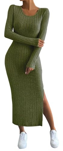 Robe Pull Longue Hiver Col Rond Fendu Robe Pull Femme Chic et Élégant Sexy Moulante Midi Robe Grande Taille en Tricot à Manches Longues Automne Hiver Idee Cadeau Femme,Armée Verte,S,F44R