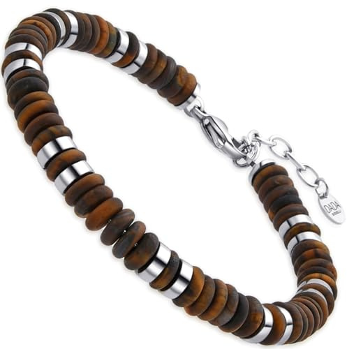 Dada Gioielli - Pulsera Hombre con Piedras Naturales, Brazalete Acero Inoxidable Ajustable 19-22cm con Caja de Regalo y de Autenticidad, Occhio di Tigre