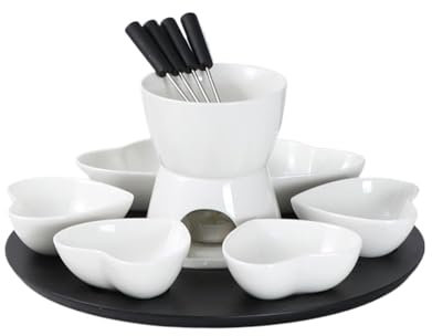 KANLVU Set à Fondue Au Chocolat Céramique Style Occidental Service à Fondue Au Fromage Accueil Appareil Fondue Chocolat avec 4 Fourchettes à Tremper(White C)