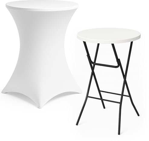 Brixy Stabiler Stehtisch inkl. Weißer Stehtischrock - Partytisch - Robust und witterungsbeständig - 80cm x 110cm - klappbar - Party - Weiß/Grau