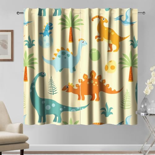 Kzzfqxb 117x138cm Kindervorhänge 2 Paneele, Baby Dinosaurier Stegosaurus Tyrannosaurus-Bäume süßes Cartoon Gemälde, für Kinder, Jungen, Mädchen, Babyschlafzimmer, Kinderzimmer
