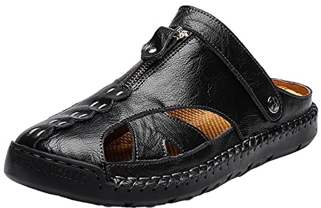 Herrsandaler läder stängda vandringssandaler urholkning andas trekkingsandaler halkfria vandringsskor sommar män sportsandaler lediga strandsandaler lätta löparskor, svart, 42 EU