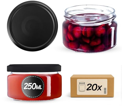 KADAX 20er Set Marmeladengläser 250ml TO82 Schwarz matt, Einmachgläser Vorratsgläser Mason Jar mit Schraubdeckel, Luftdichte Schraubgläser, Honig & Konfitüre