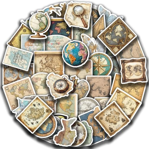 EUFFO Vintage-Karten Aufkleber 50 Stück, Graffiti Weltkarten Wasserfeste Stickers für Koffer Laptop Scrapbook Journal Gitarre Fahrrad Kindle Motorrad Skateboard Helm