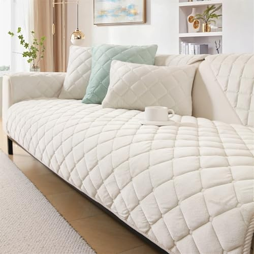FASCINATDECO Sofabezug Weiche Samt Sofa Überzug für 1 2 3 4 Sitzer L Form Sofaüberwurf Ecksofa Couch Überzug Neue Universelle Anti Rutsch Hund Katze Sofa Cover (Weiß,70x210cm)