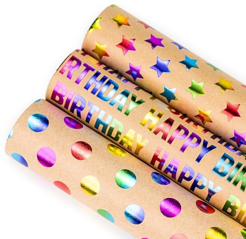 Wrapping Paper Roll Pack Of 3 Birthday Wrapping Paper With Stars, Dots & Happy Birthday Design