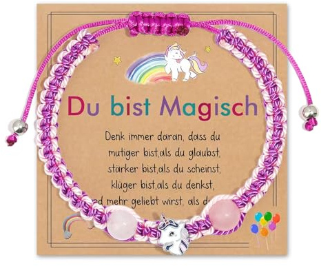 Komergave Einhorn Armband Mädchen Kinderarmband mit Verstellbarem Geflochtenem Seil, Süßes Armbänder mit Grußkarte, Freundschaftsarmbänder und Einhorn Geschenke für Mädchen