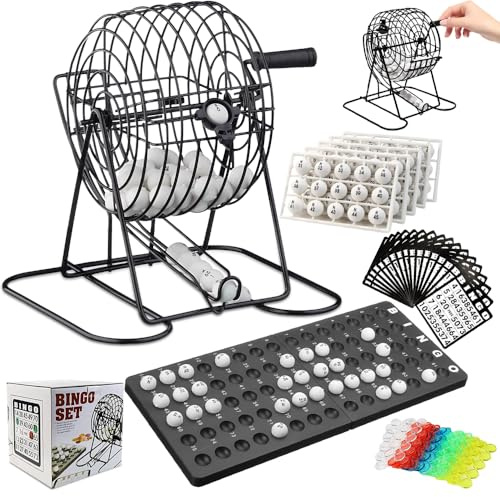 Gobesty Bingo Spiel Metalltrommel, Bingo Spiel Erwachsene mit 18 Tckets 75 Kugeln 150 Chips 2 Spielbretter, Bingosets für Partys Feiertage & Veranstal After Dinner Weihnachten Geschenk