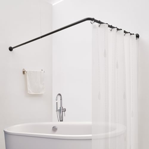 Crkmire Duschvorhangstange L Form Duschstange 171x88 cm Eckduschstange aus Stahl, Schwarz Matt mit Deckenstütze & 12 Haken (Montageset inklusive)