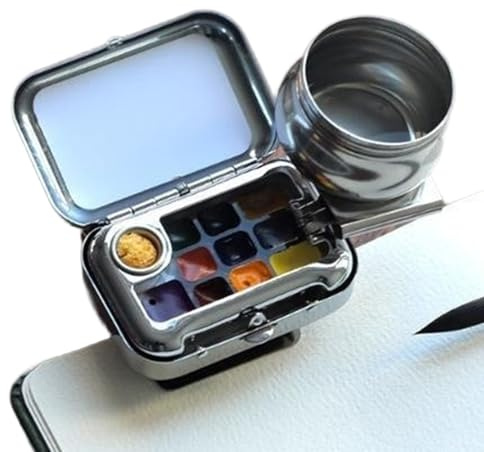 Faticenic Travel Water Color Paint Set, 10 Grids Empty Mini Watercolor Palette with Magnetic Clip and Pen Washer Jug, Portable Watercolor Set, Travel Water Color Paint, Palette
