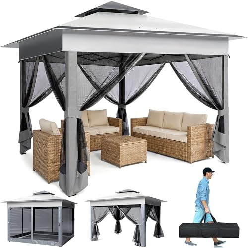 Pop Up Pavillon, 3,3x3,3m Gartenpavillon mit 4 Moskitonetz Seitenteilen, Faltpavillon Wasserdicht Stabil, Partypavillon UV Schutz 50+, Doppeldach Partyzelt für Patio, Garten, Camping, Familientreffen