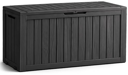 AKORD Gartenbox Wasserfest 272L Aufbewahrungsbox für Balkon & Terrasse, Kissentruhe aus robustem Kunststoff in Holzoptik, Polypropylen, 114 x 46,3 x 57,5 cm, Schwarz