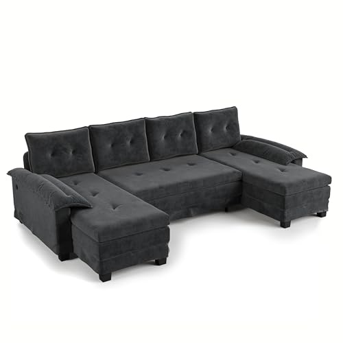 LDOKAHAUS 278 cm Wohnlandschaft U Form Mit Schlaffunktion, Wandelbares Ecksofa mit Ausziehbett | Sofa Wohnzimmer mit USB-Ladefunktion & abnehmbaren Armlehnen | Chenille-Bezug, Grau