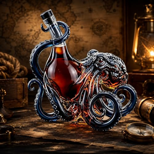 Hand-Blown Decanter – A Unique Borosilicate Glass Bottle with a Sealing Stopper, Crystal Clear, Suitable for Bourbon, Scotch Whisky, and Cocktails, a Highly Collectible bar Gift. (Octopus Type)