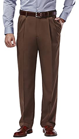 Haggar Mynx Gabardine för herr, klassisk passform, plisseringar fram, dolt expanderbart midjeband, kostymbyxa, Ek, 40W / 31L