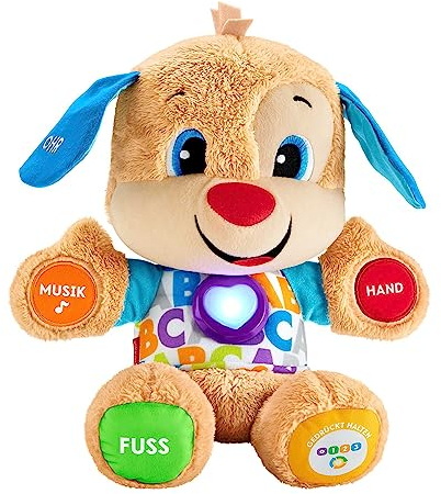 Fisher-Price Lernspaß-Hündchen mit drei Stufen, sprechendes Kuscheltier mit Musik als Kinderspielzeug und Baby Spielzeug, Interaktiver Teddybär, Babyspielzeug ab 6 Monate, Deutsche Version, FPM50