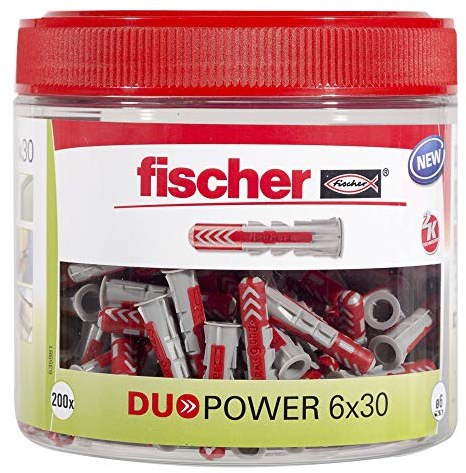 fischer DuoPower 6 x 30, handliche Runddose mit 200 Universaldübeln, leistungsstarker 2-Komponenten-Dübel, Kunststoffdübel zur Befestigung in Beton, Ziegeln, Stein, Gipskarton uvm.