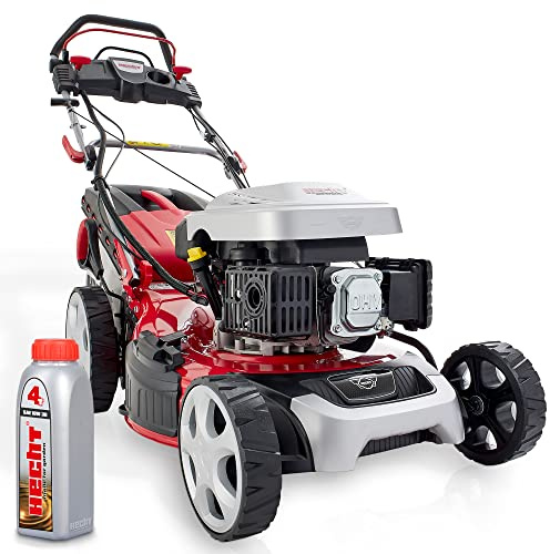HECHT 5in1 Benzin Rasenmäher 3,6 kW – 51 cm, Elektrostart & Radantrieb | 4-Takt Mäher mit 60 L Fangkorb, 4-Gang Radantrieb, Mulchfunktion und Seitenauswurf – für Rasen & Garten