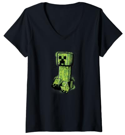 Femme Minecraft Creeper Graffiti Sit T-Shirt avec Col en V