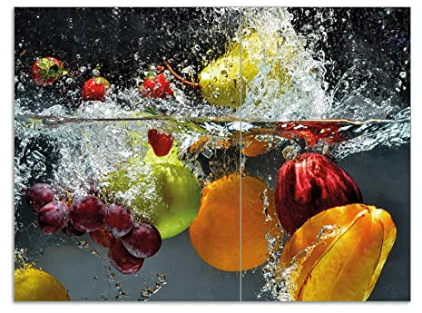 Wallario Herdabdeckplatte/Spritzschutz aus Glas, 2-teilig, 70x52cm, für Ceran- und Induktionsherde, Motiv Früchte im und unter Wasser - Splashing Fruits