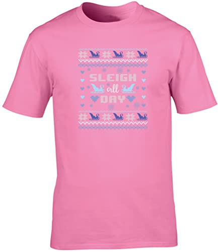 Hippowarehouse Sleigh All Day Christmas Jumper Unisex Short Sleeve t-Shirt (Specific Size Guide in Description) Pink