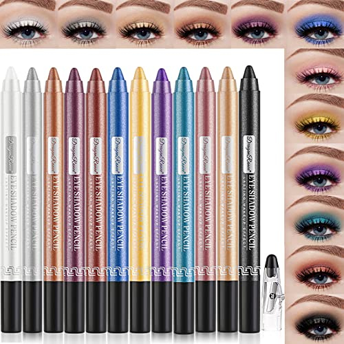 Petansy Lot de 12 crayons de maquillage professionnel pour les yeux, ombre à paupières et crayon eyeliner, longue durée, imperméable, paillettes, nacré, cadeau de maquillage pour femme