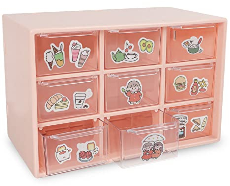 Piccoli cassetti portaoggetti, scatola portaoggetti per desktop art Craft, organizer in plastica con 9 cassetti trasparenti rimovibili per cucire, gioielli fai-da-te (rosa)