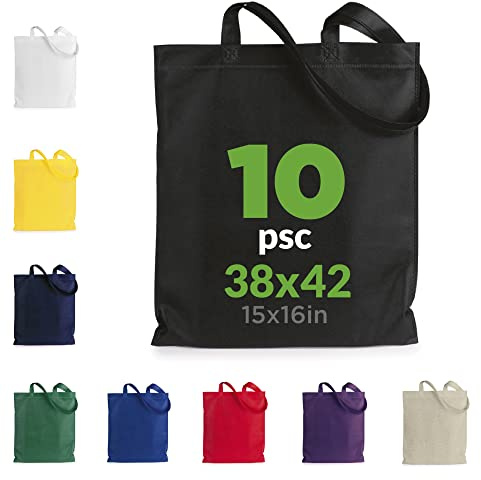 ENERGY FUSION Bolsa Tote Bag, Bolsa compra asas largas colores, Bolsa de algodón, Bolsa tela Fuerte, Bolsa de Yute, Bolsa Reutilizable, Lavable ideal para Bolsa Compra (B>-PACK DE 10 NEGRA)