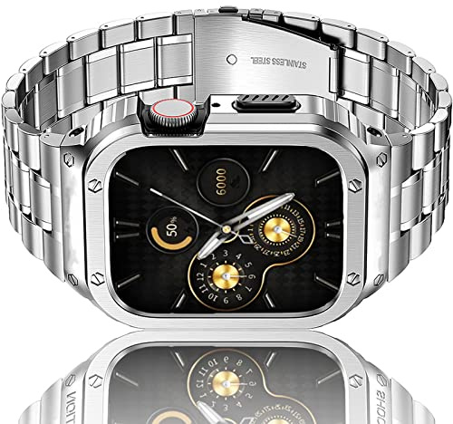 HASLFM Armband Kompatibel mit Apple Watch 44mm 42mm(Series 3/2/1), Robustes Edelstahl Metall Ersatz Armband mit Gehäuse Cover für iWatch Series 6/5/4/3/2/1/SE3/SE2/SE für Männer, Silber