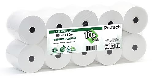 ROLTECH | 10 Thermorollen | 80mm x 50m x 12mm | BPA frei | EC Cash | Kassenrollen | Thermopapier | Bonrollen | Premium Qualität (10 Rollen)