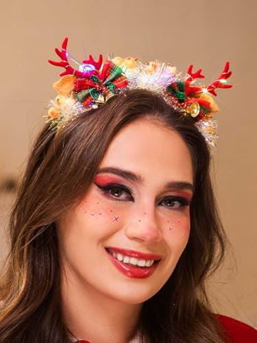 IYOU Leuchtet auf Weihnachten Stirnband Rot Rentier Geweih Haarbänder Glocke Schleifenknoten Beere Haarreif Weihnachten Kostüm Haarschmuck für Frauen und Mädchen