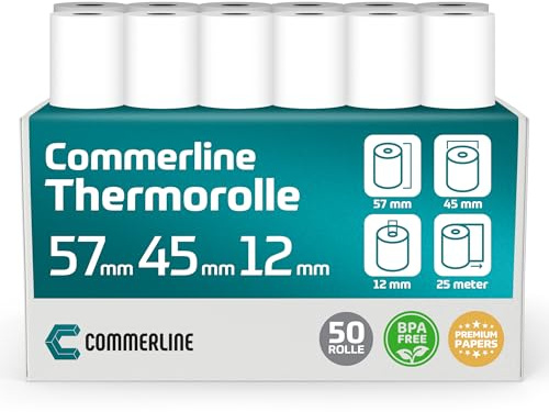 Commerline termopappersrullar 57 x 45 x 12, 25 meter, 50 rullar, Ec-rullar, kvittorullar Ec-enhet, termopapper, kassarullar