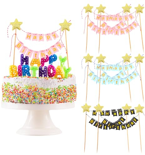 Amaxiu 6 Piezas Cadenas de Banderines, Adorno para Tarta de Feliz Cumpleaños, Cadena de Banderines de Feliz Cumpleaños, Bandera de Estrella Dorada para Fiestas de Cumpleaños de Niños y Niñas