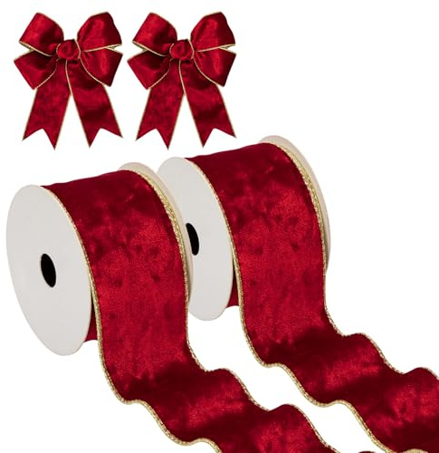 Hollyone 2PCS Rot Samtband 6.3cm x 10yds, Vintage Weihnachtsband für Geschenkverpackungen, breites Geschenkband für Weihnachtsdekoration, Kranzschleifen Dekoration Handwerk Hochzeit Geburtstag