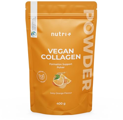 Nutri+ Vegan Collagen Formation Support Poudre - Support de la formation de collagène - avec acide hyaluronique + vitamine C pour la peau, les cheveux, les ongles - 400 g Orange