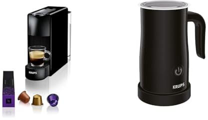 Krups Nespresso XN1108 Essenza Mini Kaffeekapselmaschine & Elektrischer Milchaufschäumer XL1008 | Bis zu 150 ml Aufschäumkapazität Einfache Bedienung auf Knopfdruck | 360 Grad drehbarer Boden Schwarz