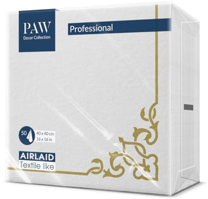 PAW Stoffähnliche Servietten 40 x 40 cm, 50 Stück - Eleganter Rahmen Gold | Das Airlaid-Material ist reißfest und saugstark, für Hochzeit, Kommunion, Taufe und Geburtstag, auch im HoReCa-Einsatz