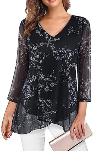 SHEKINI Dam, v-ringad, lätt meshtunika, skjorta, klockärmar, 3/4 ärmar, ledig, chiffongblus, eleganta snören, chiffong, volang, asymmetrisk fåll, damblus, Blomma-svart, M