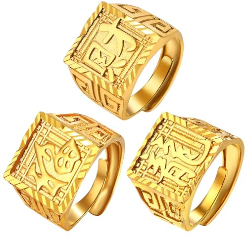 JewelryWe Anillo Sello Ajustable Hombre: Juego de Anillos Pulgar de Oro Abierto Suerte Fortuna de Cobre para Caballero Hipoalergénico Antialérgico 3 Piezas - Para Uso Diario Ocio Regalo