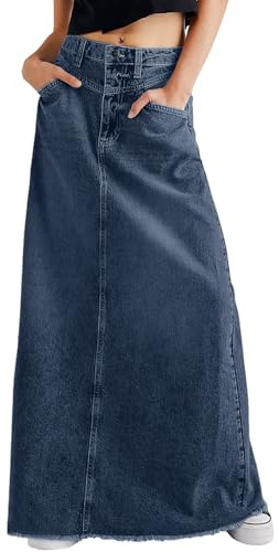 CHARTOU Vintage denimkjol för kvinnor, sliten fåll, hög midja, A-linjeskuren.