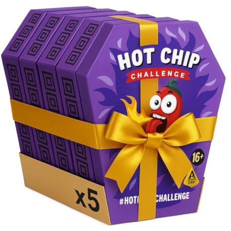 HOT-CHIP Challenge – Extrem Scharfer Chip mit Carolina Reaper – Mutprobe & Geschenk für Chili Fans – Inkl. Handschuh, Tattoo & Zertifikat – Vegan, Glutenfrei – Packgrösse wählbar (5 stk)