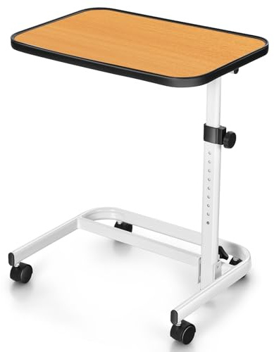 LIFEZEAL Beistelltisch mit Rollen, Betttisch Höhenverstellbar, Pflegetisch 180° Drehbar, Laptoptisch Stehend in C-Form, Krankentisch für Schlafzimmer Wohnzimmer, 61 x 43,5 x 73-93 cm (Natur)