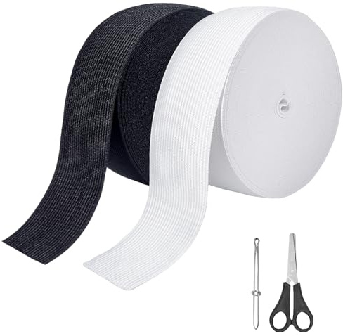 Furuising 2 Rollen Gummiband 50mm Breit, 20M Schwarz Weiß Gummiband Nähen | Elastische Hosengummi, Gummibänder Breit, Elastic Band mit Einfädelzange, Schere für Hosenbund DIY Handwerk