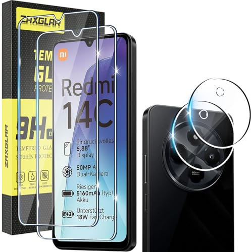 ZAXGLAR Schutzfolie für Xiaomi Redmi 14C für Panzerglas,2 Stück Panzerfolie und 2 Stück Kameraschutz,HD Displayschutz, 9H Härte HD Schutzglas Displayfolie